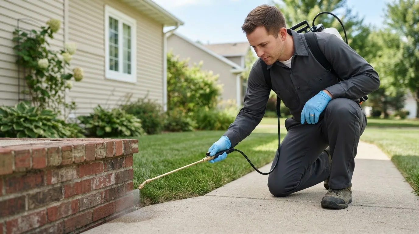 Pest control technician treating a home near Mishicot, WI