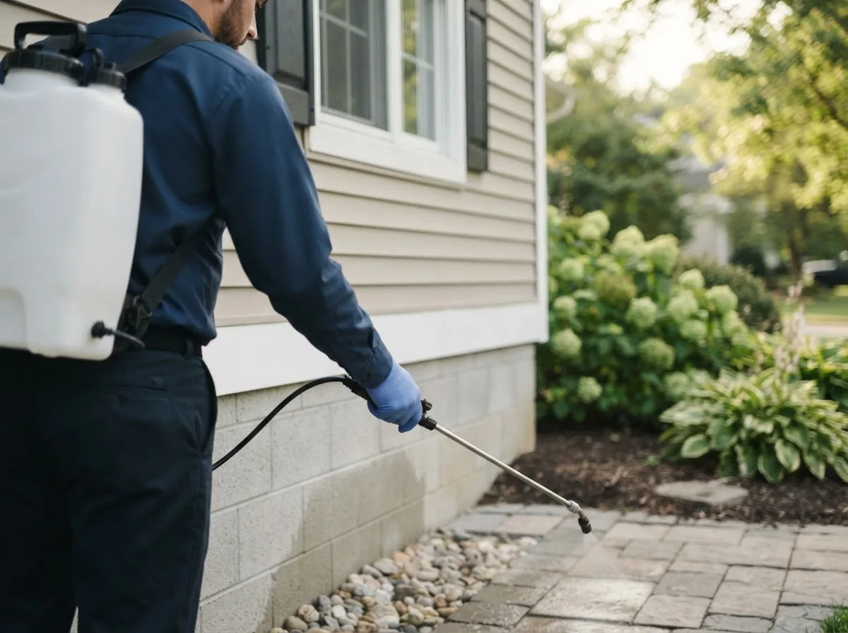 Pest control technician inspecting a home in Mishicot, WI